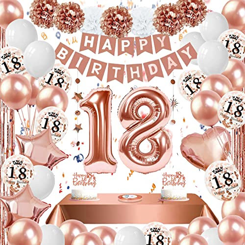 Deko 18. Geburtstag Mädchen - Dargds Geburtstagsdeko Mit Luftballons, Happy Birthday Girlande, Roségold Konfetti Ballons, Pompoms, Tischdeko