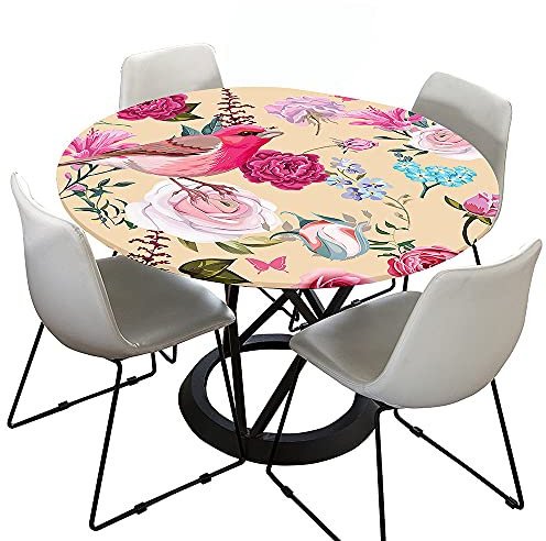 Morbuy Rondes Nappes avec Bord Élastique, Nappes Rondes Anti Taches Lavable, Imperméable Polyester Nappe de Table 3D Imprimé de Oiseau pour Cuisine Jardin Fête Table (Fleurs de Lys,200cm)