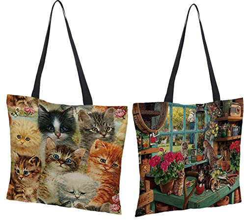 crazy bean 2 StüCk Stoffbeutel Bedruckt,Wiederverwendbare Einkaufstasche Katzenmuster-Design Leinen Tasche Hohe KapazitäT Perfekt Als Einkaufstasche 43x43cm(E)