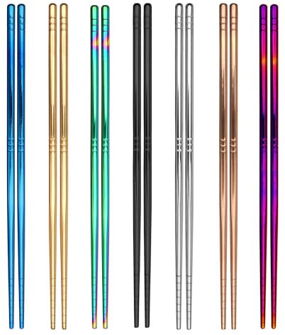 ESSBES 7 Paar Metall-Essstäbchen, 7 Farben, wiederverwendbare Edelstahl-Essstäbchen, 13 Ringe, Muster, rutschfest, spülmaschinenfest, quadratisch, leichte Essstäbchen, 22,6 cm