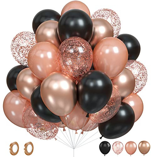 Palloncini in Oro Rosa Nero, 60 Pezzi Palloncini di Compleanno in Oro Rosa, Palloncini in Lattice di Coriandoli Metallici Oro Rosa Palloncini ad Elio per Addio al Nubilato Decorazioni di Compleanno