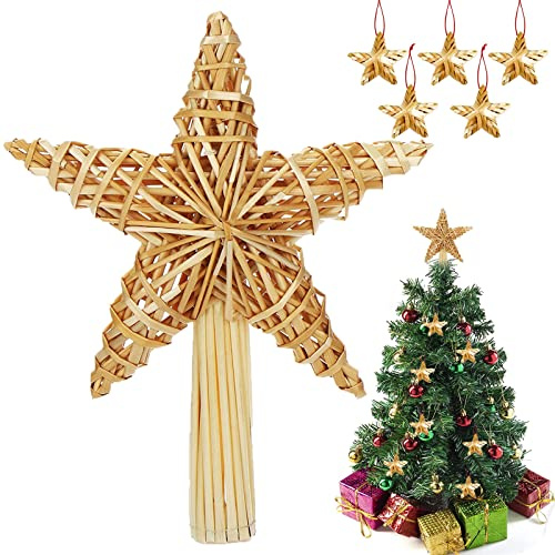 Weihnachtsbaum Stern Spitze 20×30.5cm, Christbaumspitze aus Stroh Mit 5 Strohsterne Ø 5 cm, Natur Baumspitze für Schmücken des Weihnachtsbaumes
