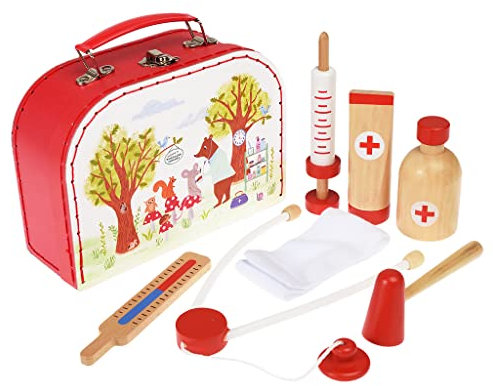 Rex London Arztkoffer für Kinder als 7-teiliges Holzspielzeug „Woodland Friends“: Stethoskop, Thermometer, Spritze, Tube, Verband etc.