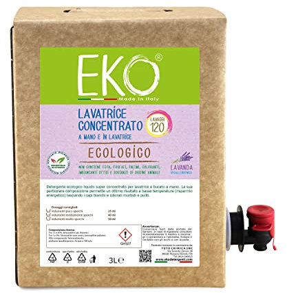 Eko Detersivo Lavatrice liquido, Profumo Lavanda - Bag in Box 3L - Ecologico Concentrato 120 Lavaggi