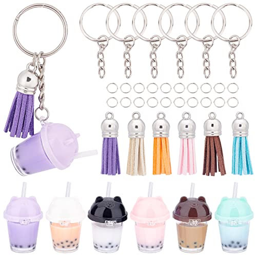 SUNNYCLUE DIY 6 Set Milchtee Charms Kunstwildleder Quasten Schlüsselanhänger Herstellungsset Bubble Tea Charms Für Die Schmuckherstellung Bärenform Boba Milchtee Charm Schlüsselanhänger Perle Milchtee
