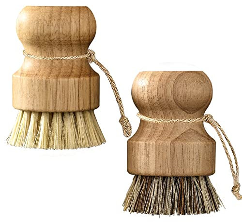 Set di 2 lavapiatti in legno per la pulizia della cucina, in sisal + setole di palma di cocco e manico in legno