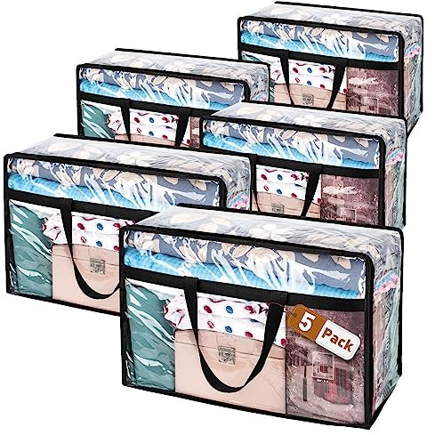 5 Pack Clear Clothes Storage Bags, Large Moving Under Bed Storage Box with Lid, Plastic Laundry Bags with Zips for Clothes, Duvets, Comforters, Blankets (clear 5)