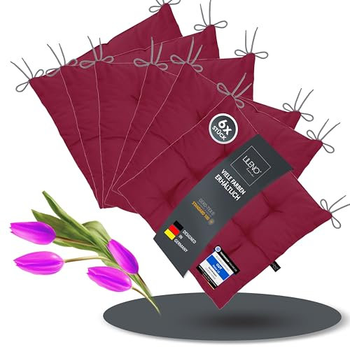 LILENO HOME 6er Set Stuhlkissen 29 Bordeaux (40x40x6 cm) - Sitzkissen für Garten, Küche oder Esszimmer - UV-beständige Indoor u. Outdoor Stuhlauflage als Stuhl-Kissen (Linda FUM)
