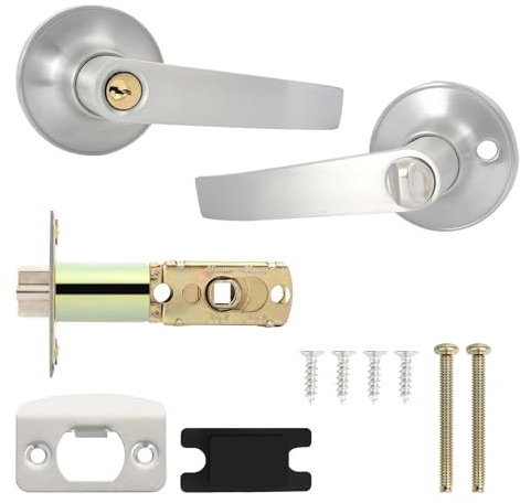 Funnytek Lever Door Handle Lock, Bathroom Door Handle with Lock, Safe Lockset for Entry, Passage, Bathroom, Balcony (with Key), Latch Size 60/70mm Stainless Steel+Aluminum Alloy