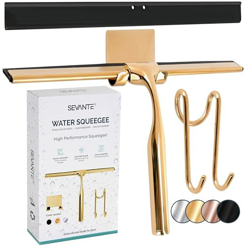 SEVANTE Raclette de douche 24,5 cm - Raclette de fenêtre en métal - Accessoires de salle de bain - Raclette de douche avec support - Flitte pour douche, verre et miroir - Raclette de cabine de douche