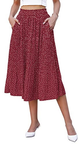 Hotouch Langer Rock Damen Elastische Taille Plisseerock Lang Polka Dot Midirock Sommer Chiffon Maxirock mit Taschen Rot Größe L