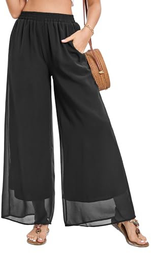 Famulily Damen Frühlings-Palazzo-Hose Doppellagige Chiffon-Hose Lässige Hose mit weitem Bein und Plissee Schwarz M
