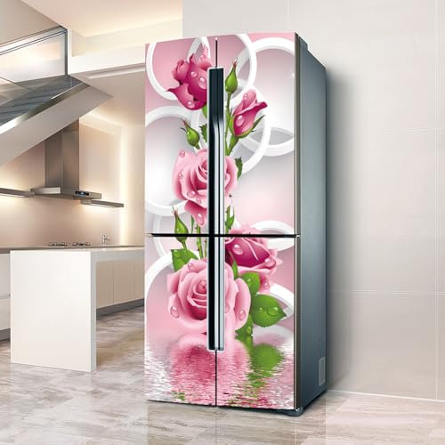 Fridge Wraps Kitchen Fridge Stickers Cover Full Doors, Fridge Sticker Full Covering Door Fridge Covers Skins Wall Stickers for Kitchen Decal, Pink Rose Modern Flower