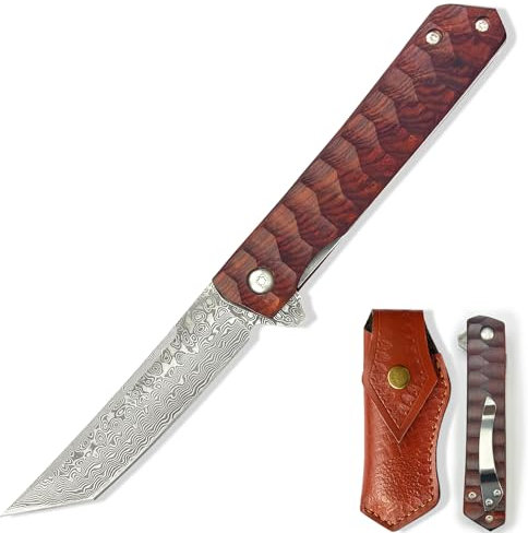 JINPIKER Klappmesser,Damast Taschenmesser mit Damaststahl Klinge, Holzgriff,Flipper, Messerscheide Leder - Scharf Einhandmesser EDC Messer für Outdoor Survival Camping Jagd