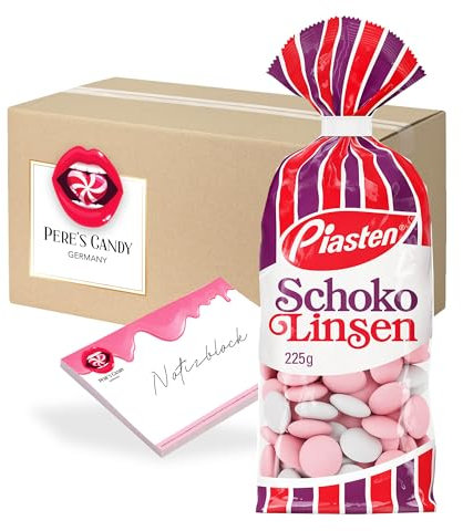 Pere's Candy Bundle für 5 x 225 g Piasten Schokolinsen Schokolade-Dragees Schokolade + Pere's Candy Notepad DIN A7-25 Blatt