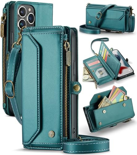 UFinetech for iPhone 13 Pro Max Case, Crossbody Wallet Phone Case with RFID Blocking Kickstand, Anti-Drop Wireless Charging Card Slots, PU Leather Shoulder Bag Clutch Adjustable Strap, Blue Green