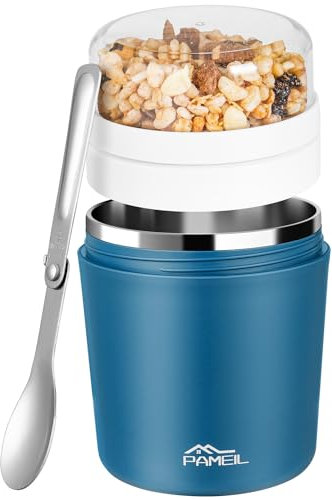 Pameil Müslibecher to go 500ml I Isolierter Edelstahl Joghurtbecher für Müsli I Edelstahl Innenwand Thermobecher Essen I Auslaufsicherer Becher mit Löffel für Yoghurt/Porridge