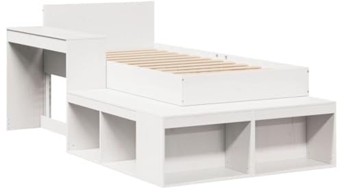 vidaXL Massivholzbett, Einzelbett Holzbett ohne Matratze, Bettgestell mit Lattenrost Kopfteil, Bett Nachttisch mit Schreibtisch, Weiß 90x200cm Kiefernholz