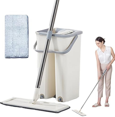 Trapeador de Piso, Trapeador exprimible - Fregona Plana con escurridor - Trapeador y Cubo para Uso en seco y húmedo con Juego de escurridor para el hogar, de Cubo y fregona Plana