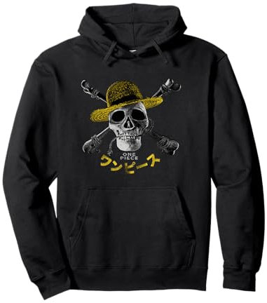 Luffy One Piece Chapeau de paille avec logo pirate Tête de mort et os croisés Sweat à Capuche
