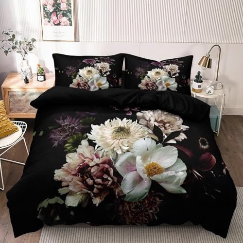 Luofanfei Blumen Bettwäsche 200x220 Blüten Schwarz Vintage Muster Pflanzen Bettwäsche Set Sommer Geblümt Floral Blumenmuster Microfaser Bettbezug Doppelbett Set Bettdecke 220x200 und 2 Kissenbezüge