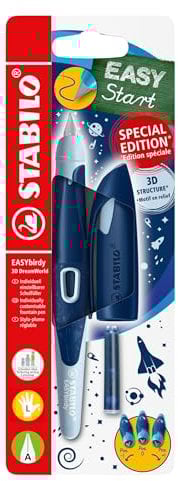 STABILO - Schulfüller ergonomisch für Linkshänder mit Anfänger-Feder A - EASYbirdy 3D DreamWorld Special Edition in blau - inkl. Patrone - Blister