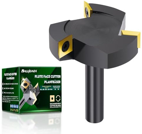BALUGAEA Planfräser für Oberfräsen mit 12 mm Schaft – 59 mm Schnittdurchmesser – ausgestattet mit 3 austauschbaren TiN-besch. Hartmetallmessern 12 x 12 mm