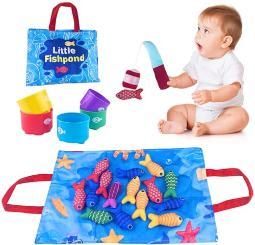 Chiluxendo Juego Pesca con 15 Peces Tela y Taza Apilables, Pescar Juguete, Juego de Pescador, Juguetes Montessori para Niños 1 Años, Educativos Juguetes Bebes, para Regalo Bebes 1、 2、 3 Años
