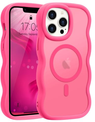 Pepmune Magnetic for iPhone 13 Pro Case [Compatible with Magsafe] Translucent Matte Cute Curly Wave Frame Phone Case,Soft TPU Bumper Slim Fit Shockproof Protective Cover for Men Women-Hot Pink
