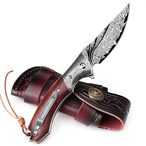 DRACHENADER Damast Taschenmesser FAN-H, Damastmesser Klappmesser aus Damaststahl, Einhandmesser (Liner Lock) mit Lederscheide und Taschen-Clip, Lanyard, Holzgriff