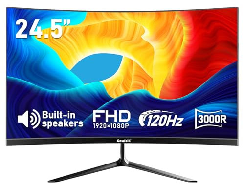 Gawfolk 24.5 Curved Gaming Monitor with Built-in Speakers PC Display 120Hz Full HD 1080P 3000R HDMI 2.0 VGA Wall Mount 75x75mm