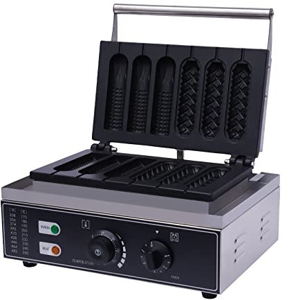 1500W Waffeln Am Stiel Waffeleisen Einstellbare Temperatur Und Zeit Antihaftbeschichteten Waffel Am Stiel Kommerzielles Waffelgerät (Stiel/Corn Dog/6 Stück) Mit 2 Bürsten,4 Schwämme,Schneebesen, Zange