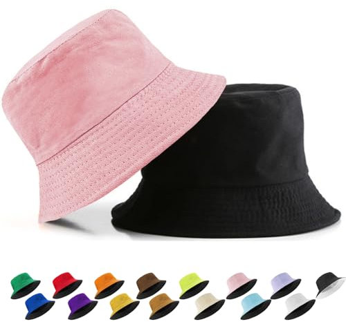 YOUYIKE Doppelseitiger Fischerhut aus 100% Baumwolle – Doppelseitiger Bucket hat für Damen & Herren – Sonnenschutz mit großem Rand – Sommer Freizeithut für Strand, Reisen & Outdoor - Rosa