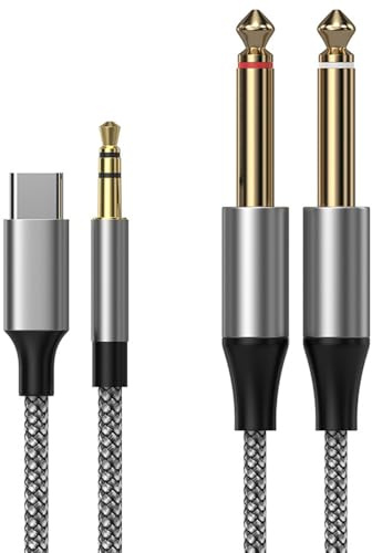 ENJOY-UNIQUE 1/4 zoll 6,35 mm Klinke auf USB C Stereo Audio Kabel 2,3M, 3,5 mm Klinke auf 2X 6,35 mm Y Splitter TS Aux-Kabel für Gitarre, Kopfhörer, Mixer, Verstärker, Lautsprecher, CD-Player