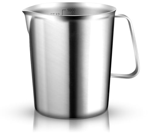 Messbecher Edelstahl 1L - 304 Edelstahl Messbecher 1 Liter mit Griff, Litermaß & Skalen (ML/OZ) | Milchkännchen l Spülmaschinenfest für Küche, Latte Art & Backen