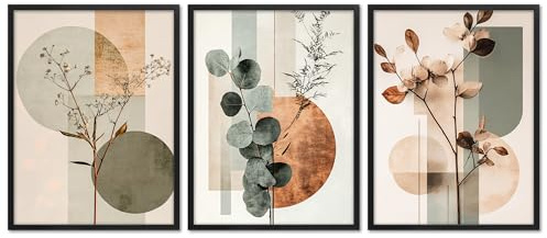 ARTFAVES® Poster Set - Abstract Flower Art 2 - mehrteilige Wanddeko Wohnzimmer, Schlafzimmer, Büro, Flur - 3 moderne Wandbilder Trockenblumen, Blumen, Pflanzen - mit Rahmen Schwarz