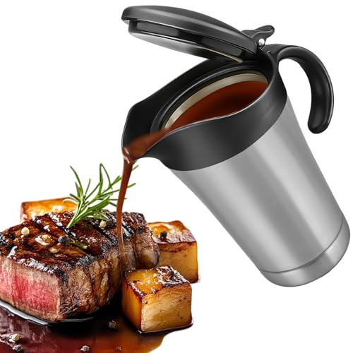 750 ml acero inoxidable salsera térmica, salsa con tapa abatible, doble aislamiento con asa, elegante jarra de salsa plateada para servir salsa nata en casa o en cenas