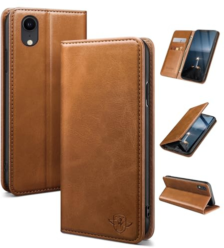 SUANDUCK for iPhone XR 6.1 mobile phone case magnetic leather flip case with RFID-blocking card compartment, adjustable stand and 360° drop protection with Apple XR Light Brown