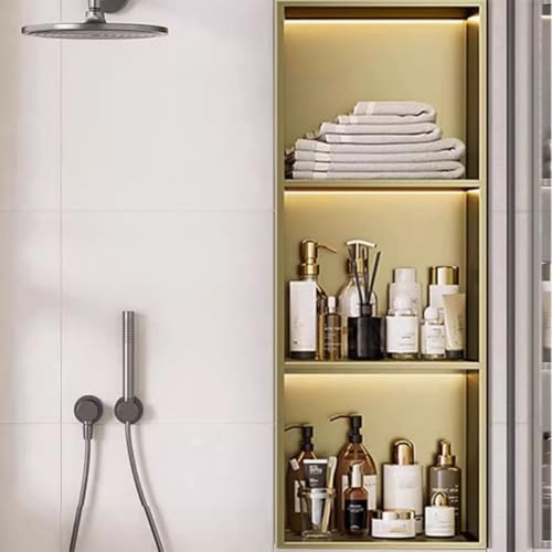 HEFJIAYCIQ Golddusche-Nische Mit LED-Beleuchtung, Keine Fliesen Erforderlich Wandnische Aus Edelstahl, 2-Stufiges/3-Stufiges Einbau-Badezimmerregal,3tier gold,28x12.5x90cm