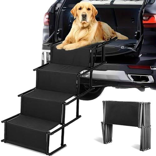 Hunderampe Auto Klappbar, Hundetreppe für Autos 4 Stufen Faltbare Hunderampe Auto Klappbar für SUVs, Trucks und hohe Betten, belastbar bis zu 176 lbs