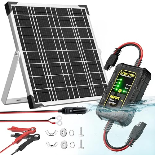SUNAPEX Caricabatteria solare da 12 V: kit pannello solare impermeabile da 25 W, caricabatterie in alluminio per batteria auto con controller MPPT, batteria per moto, barca, camper, rimorchio