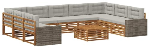 vidaXL Outdoor-Sofagarnitur mit Kissen 10 pcs Natürlich und Hellgrau, Gartenmöbel Set, modernes Sofa für den Außenbereich, Lounge ganz entspannt, Terrasse, Patio