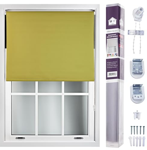 FURNISHED Roller Blinds Window Blackout Blind - 100% Black Out Thermal Fabric Easy Fit Fittings - Custom Made to Measure Blackout Blind Bedroom Bathroom Kitchen, Green, Up to 240W x 210H cm