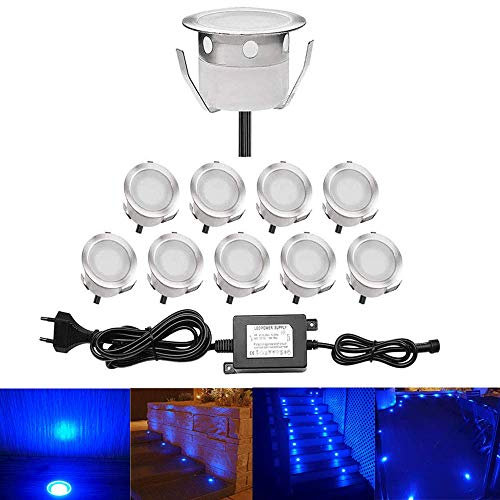 QACA Mini Encastré Terrasse Bois Luminaire Kits LED Spot Encastrables Etanche pour Patio Escalier DC 12V Etanche IP67 (Pack 10, Bleu) [Classe énergétique A]