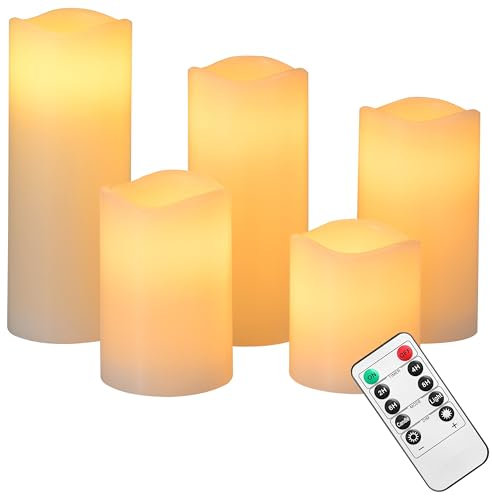 Monzana® LED Kerzen Set 5er, Echtwachs dimmbar flackernd batteriebetrieben, Timerfunktion 2-4-6-8 Std, mit Fernbedienung, 5 Größen Warmweiß ø7,5cm