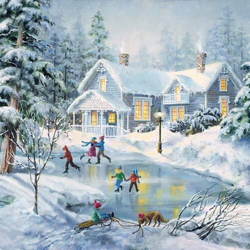20 Servietten Kinder beim Eislaufen als winterliche Tischdeko mit Kinder im Schnee 33x33cm