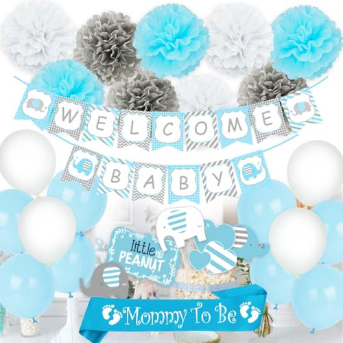 JOYMEMO Blaue Baby-Dusche-Dekorationen für junge, Mama, Schärpe, Elefanten-Mittelstücke, Willkommen Baby Banner Boy Ballons für Elefanten-Baby-Dusche zu sein