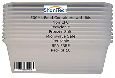 ShaniTech Pack of 10 Food Containers with Lids Heavy Duty Microwave & Freezer Safe Plastic Box Container (500ML)