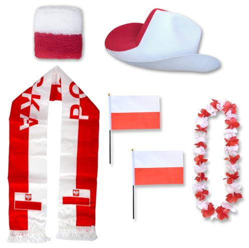 Sonia Originelli Fanset Fanartikel Fanhut Blumenkette Fanschal Schweißband Fähnchen WM EM Farbe: Polen