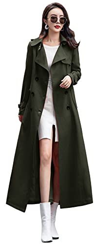 ebossy Trench da donna a doppio petto, a lunghezza intera, Verde militare, X-Small